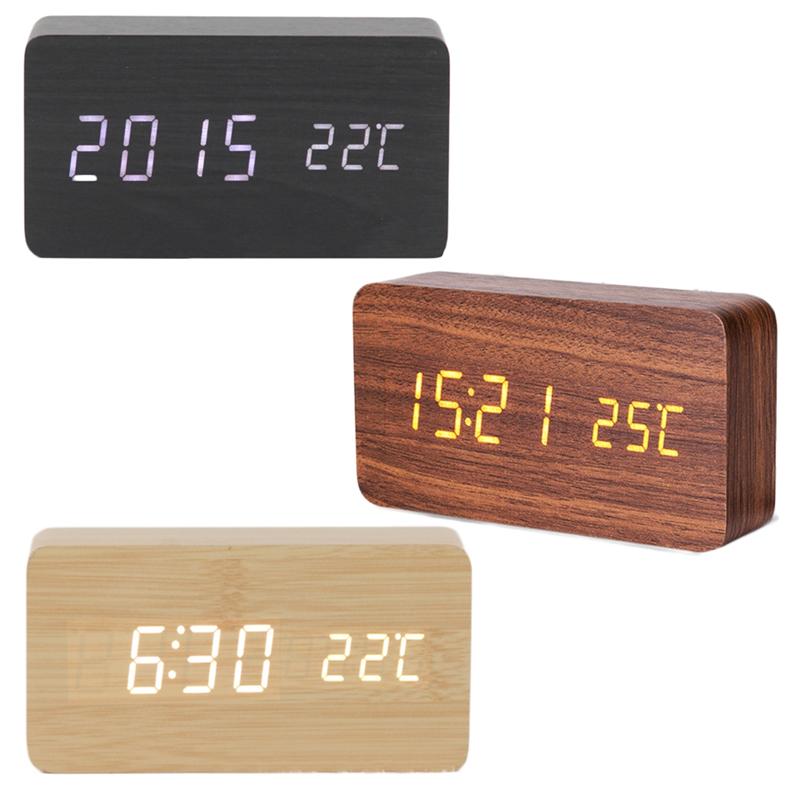 Réveil en bois à LED, thermomètre numérique, horloge électronique de bureau, alimenté par USB/AAA, décoration de Table