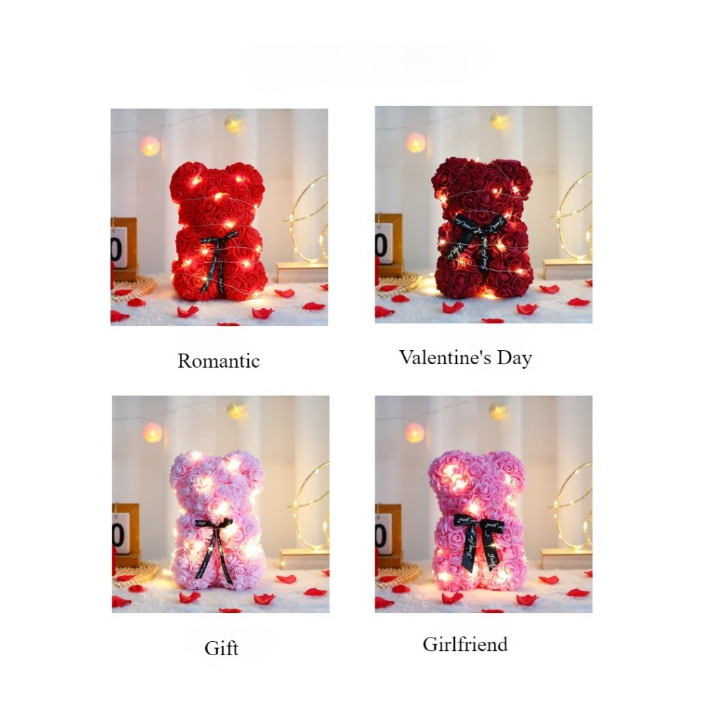 Oso de flor rosa de peluche Artificial de 25cm con caja, romántico del Día de San Valentín, suministros para de boda y aniversario para novia y mujer
