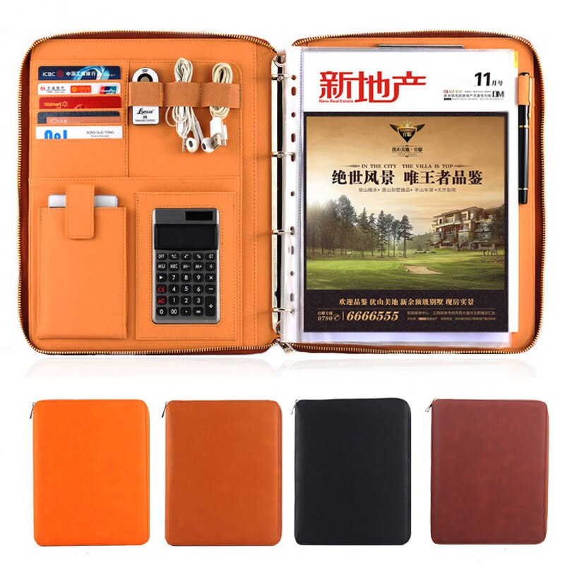 high-level business office leather A4 document zipper bag zipped folder briefcase for documents padfolio with ring binder 1217A
