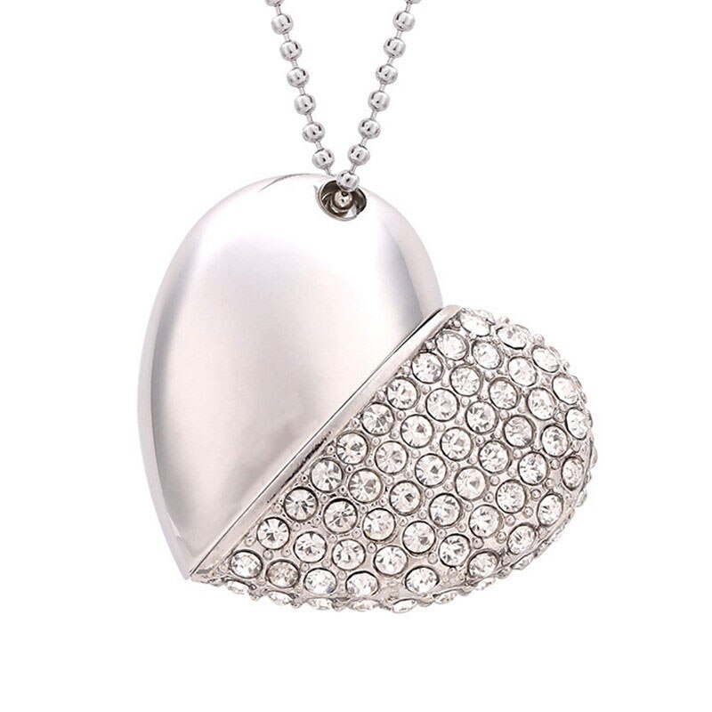POWERONE cristal diamant coeur avec chaîne pendentif clé USB clé USB 64GB 16gb 32GB USB 2.0 collier mémoire bâton: 64 GO / White