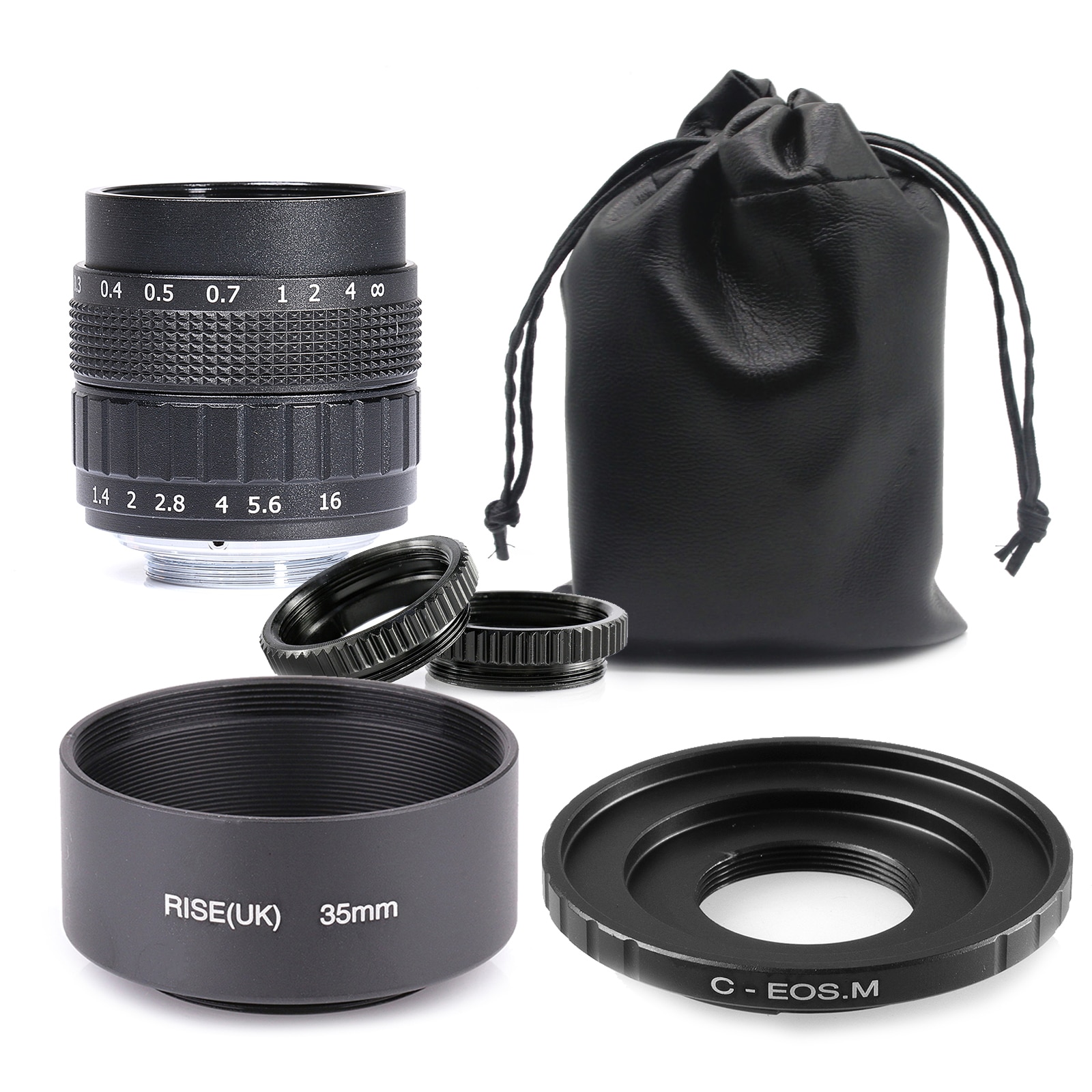 Fujian 50mm f/1.4 APS-C objectif CCTV + bague d'adaptation + 2 bague Macro + pare-soleil pour Canon EF-M caméra sans miroir EOSM M1/M3/M5