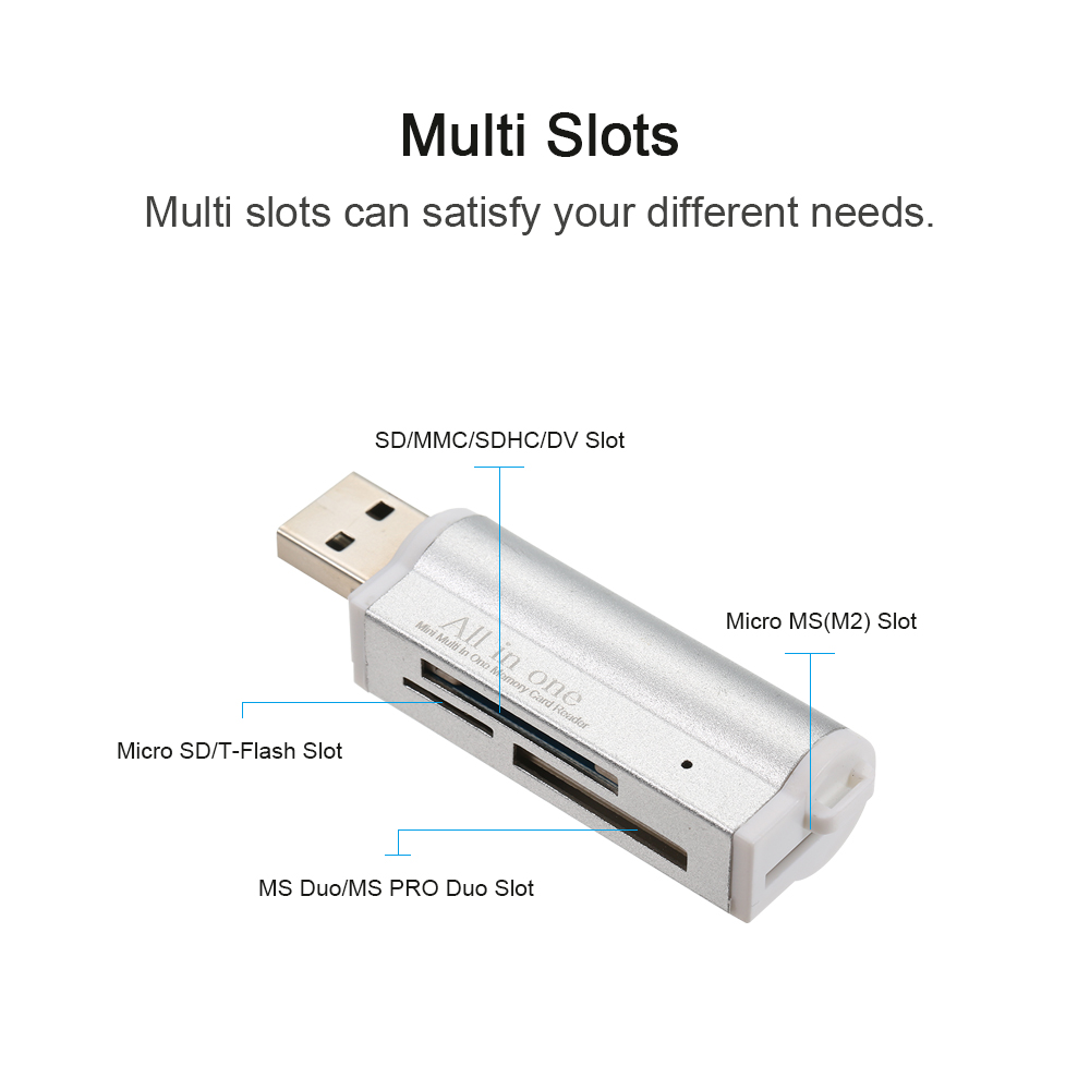 Usb 2.0 mini bærbar alt i en kortlæser til sd/sd/tf/ms duo/micro ms (m2)/ ms pro duo usb 2.0 usb kortlæsere til pc -computer