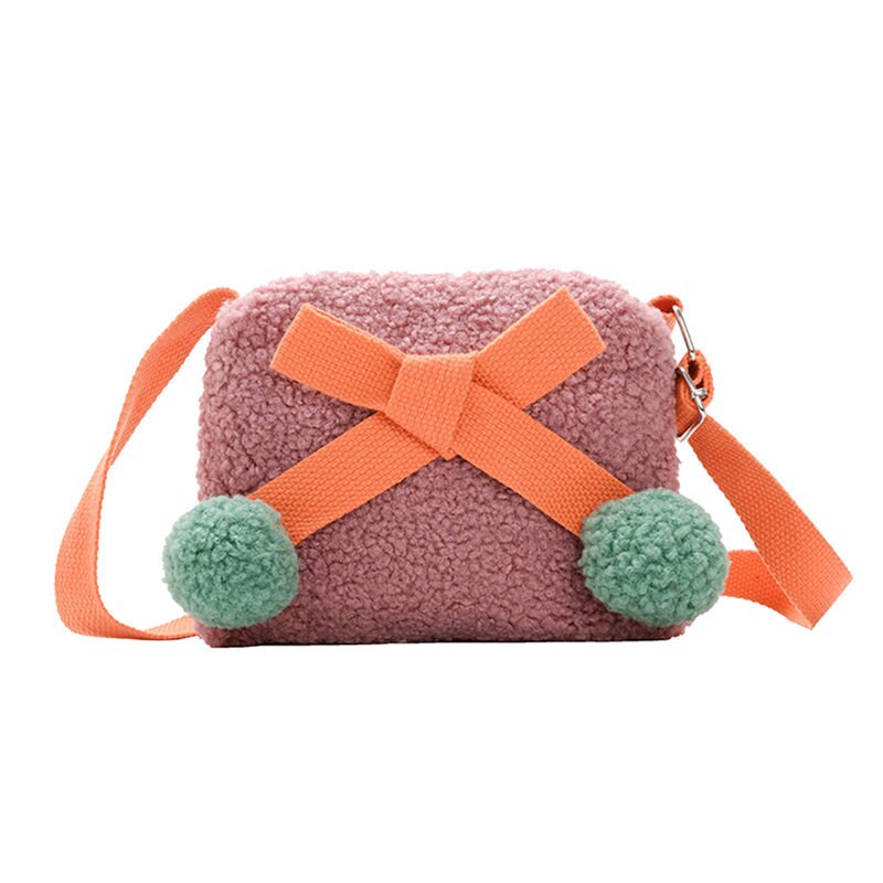 Piger børn baby sød sløjfe plys møntpunge lynlås skuldertasker mini kæde crossbody slynge messenger pose: Lyserød