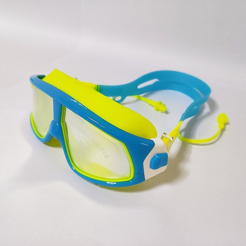 Kinderen Zwembril Cool Big Frame Een Stuk Oordopjes Kleurrijke Galvaniseren Anti-Fog Anti-Ultraviolet Zwemmen bril: Lake Blue Yellow