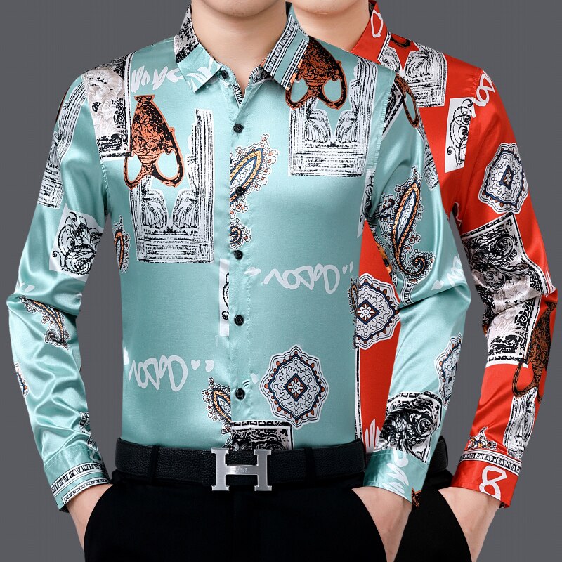 Heren zijden overhemden met lange mouwen, bedrukte poplin jurken, casual satijnen bloemenkleding voor heren