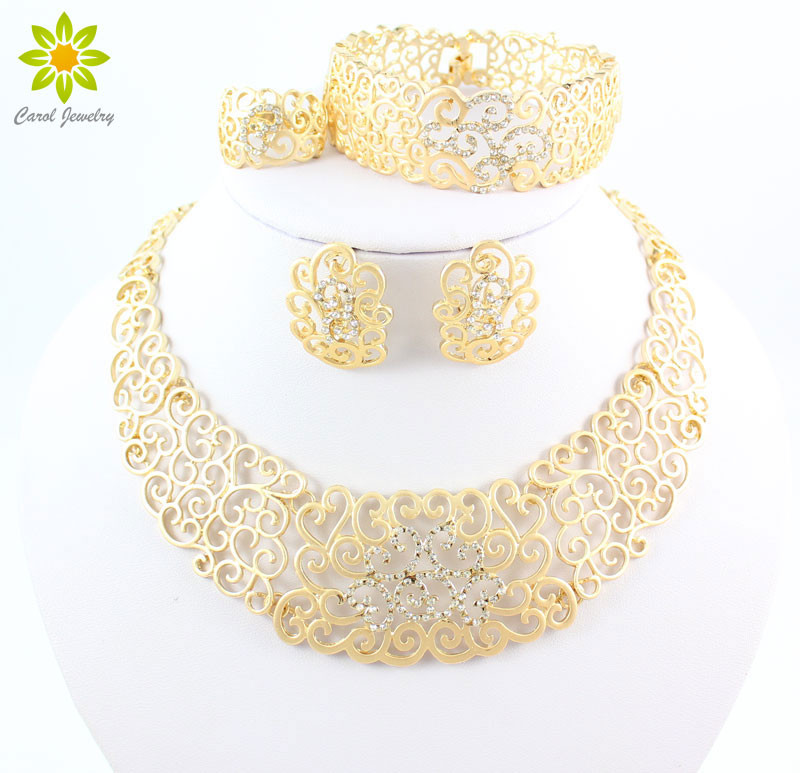 Vintage Hollow Crystal Flower Necklace Earrings Gold Color African Dubai Wedding Costume Jewelry Sets For Women