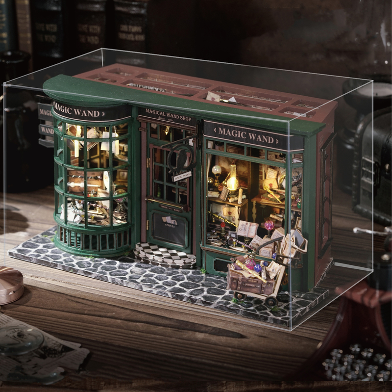 Magic Shop DIY Wooden Dollhouse Miniature Doll House Kit with Furniture Roombox Retro Home Model Toy for Children: black