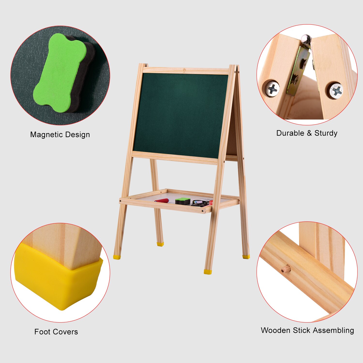 Wooden Art Easel Magnetic Double-Sided Chalkboard & Dry Erase Board Standing Easel Easy to Assemble with Storage Shelf