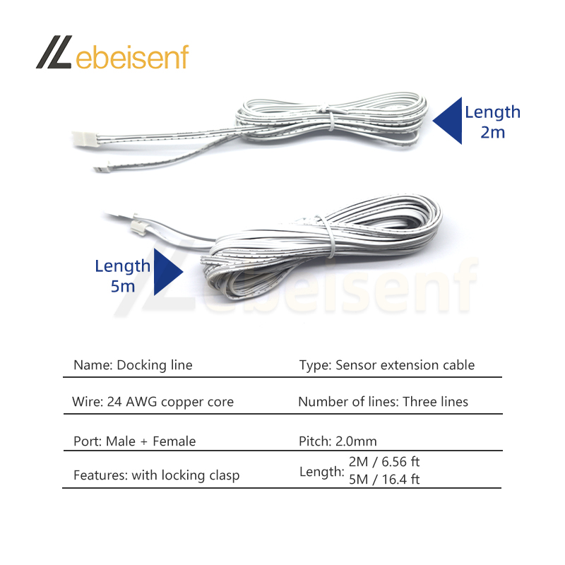 Extension Connection Cable for Cabinet LED Light Driver Sensor, Male and Female Wire, Dual Port, PHB 2.0mm Pitch, 2 M, 5m, 3 Pin