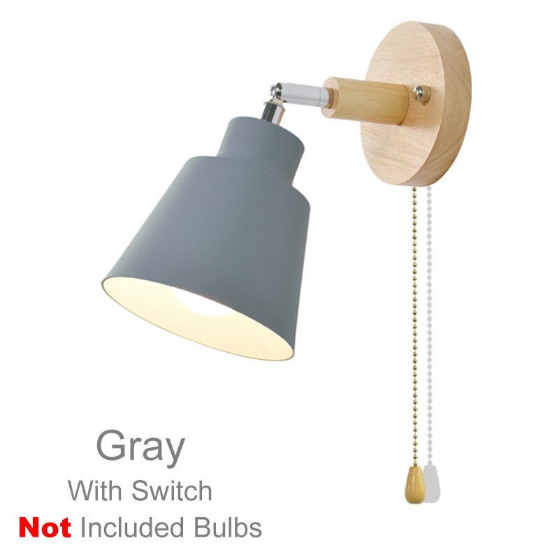 Nordic houten wandlamp bed wandlamp E27 blaker wandlamp voor slaapkamer gang 4 kleur met zip schakelaar Vrij draaibare: Grijs