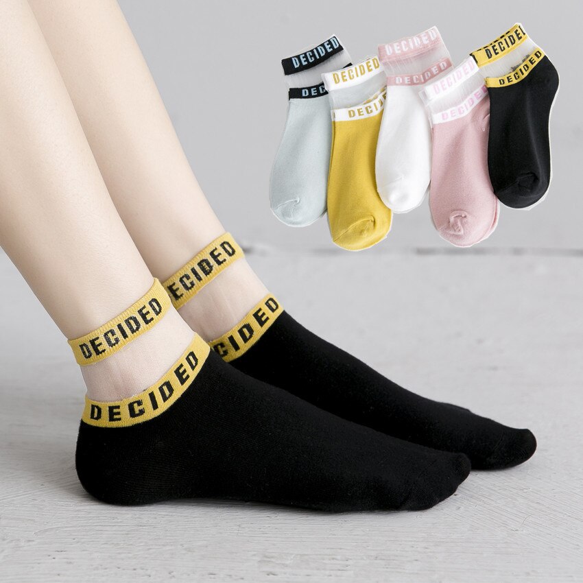 5 Pairs Summer Women Ultrathin Transparent Socks Glitter Glass Silk Sox Beautiful Lace Shiny Elastic Short Socks Meias