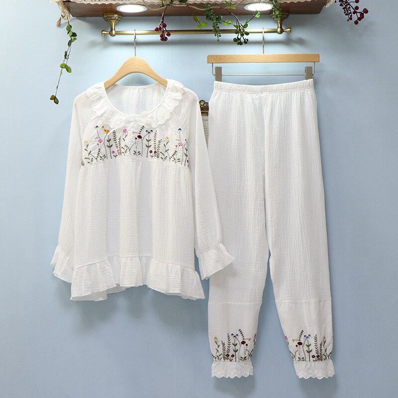 XIFER Women Lolita Pajama Sets Lace Embroidered Flowers Tops Long Pants Vintage Ladies Pyjamas Set.Victorian Sleepwear: XL