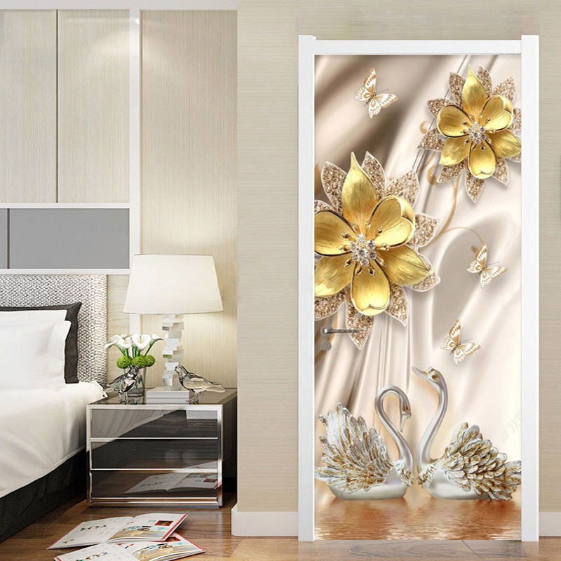 Europæisk stil dørklistermærke 3d blomster svan luksus tapet soveværelse hotel hjem døroverføringsbilleder 3d indsæt pvc selvklæbende klistermærker