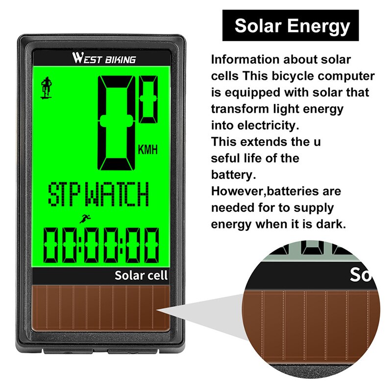 West Fietsen Fiets Computer Draadloze Zonne-energie Fietsen Kilometerstand Snelheidsmeter Multifunctionele Fiets Stopwatch Met 5 Talen