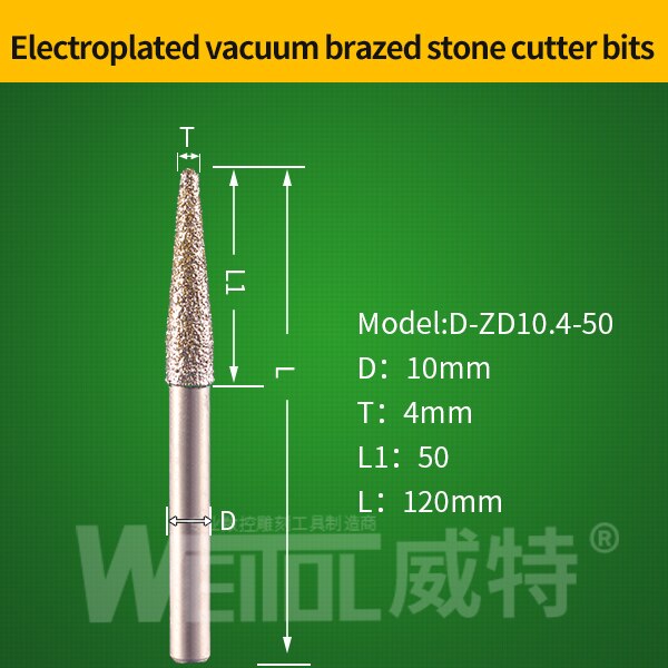 Weitol 10mm elektrolyyttinen timanttihiomakiviterät kartiojuotetut jyrsimen terät cnc-terä graniitille: D -zd10.4-50