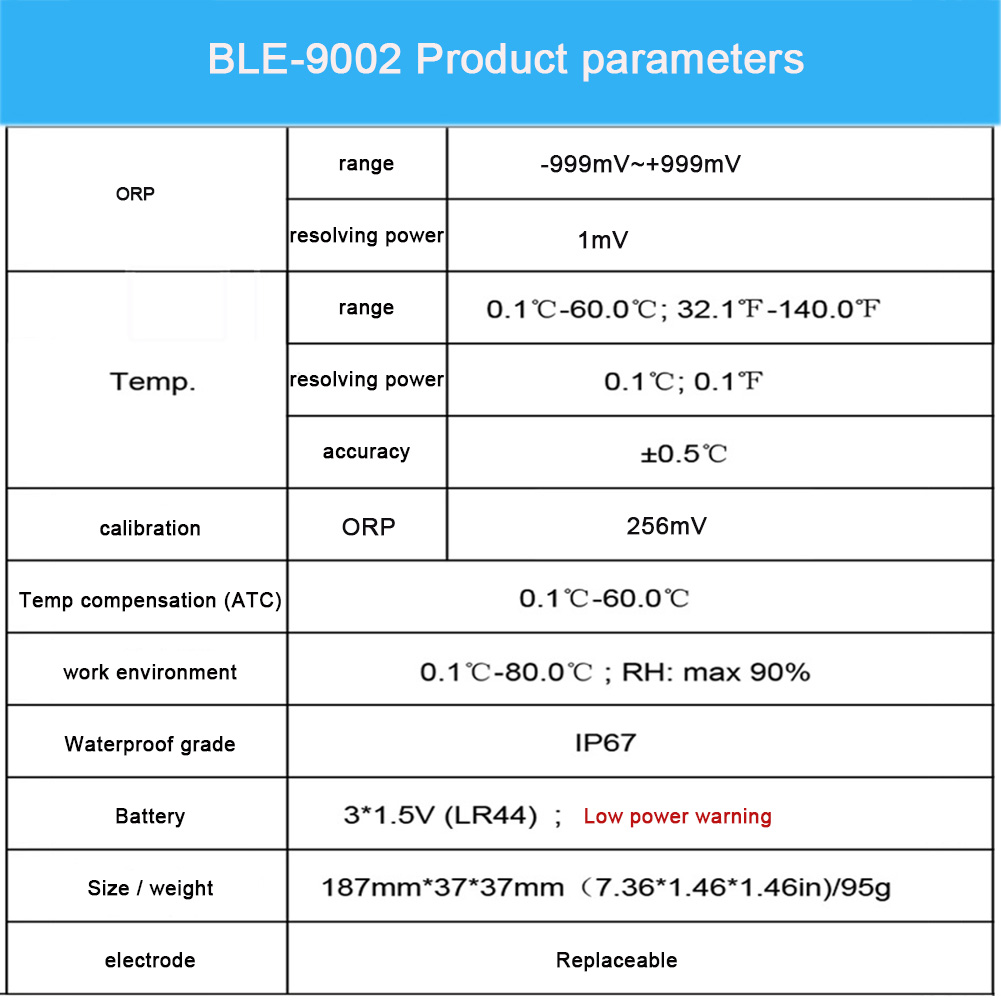 Blue Tooth Temp ORP Meter -999mV~999mV Auto-Calibration Online Monitor Drinking Water Test APP Control for Pool Aquarium