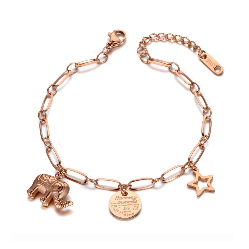 Lokaer elefante de estrella etiqueta dije pulsera brazalete para mujeres de acero inoxidable cadena de enlace Bohemia verano playa joyería B19121: Oro rosa de Color