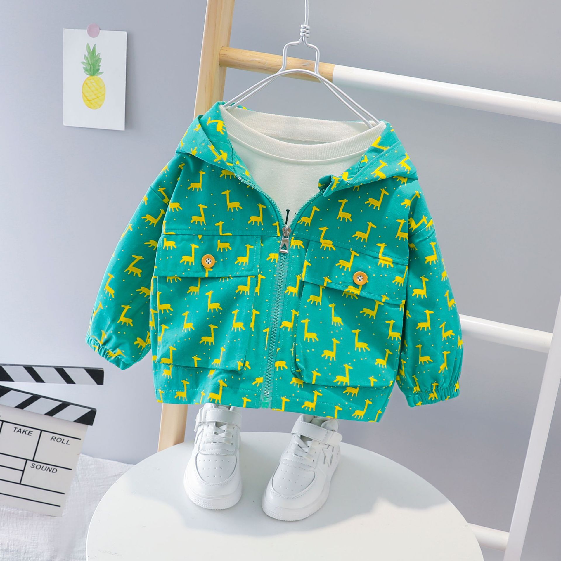 Herfst Baby Meisjes Cartoon Herten Print Capuchon Rits Jassen Vesten Kinderen Kids Casual Jassen Baby Jongens Bovenkleding Casaco: green / 6m