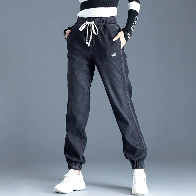 Casual Trekkoord Jogger Jeans Vrouwen Elastische Hoge Taille Boyfriend Harem Vaqueros Enkel Lengte Streetwear Oversized 34 Denim Broek