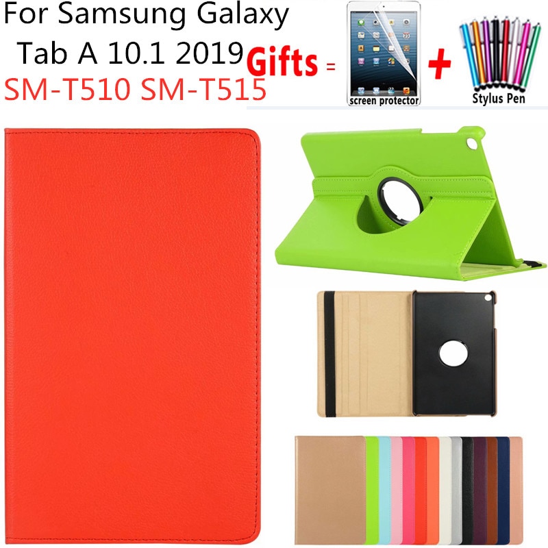 360 Rotating Case for Samsung Galaxy Tab A 10.1 T510 T515 Stand PU Leather Cover for SM-T510 SM-T515 10.1inch case+film+pen
