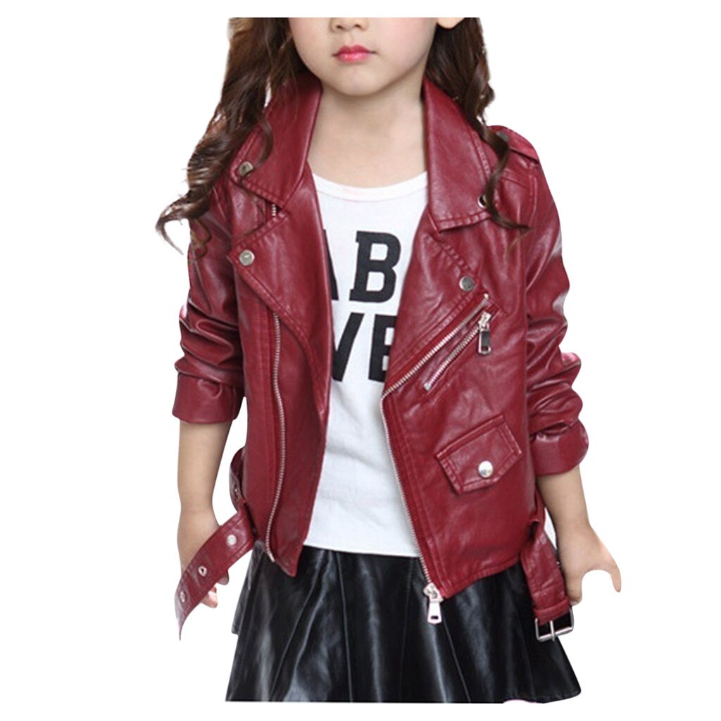 Chaqueta de Pu para niños de primavera y otoño, chaqueta de cuero para motocicleta de Color puro de manga larga, prendas de vestir con cremallera, abrigo fresco para niñas # G30: Rojo / 9
