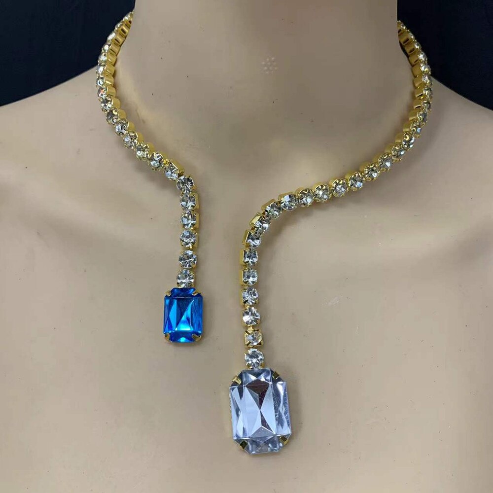 Collar con colgante de cristal doble grande para mujer, joyería de boda con Torques, Gargantilla abierta con diamantes de imitación brillantes: Lake Blue / Plata