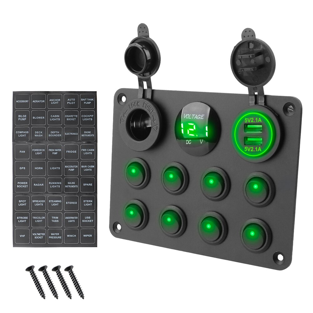 12-24V 8 Gang Sigarettenaansteker Dual Usb Voor Auto Boot Rv Vrachtwagen Atv Utv Camper Caravan schakelaar Aardlekschakelaar: A Green