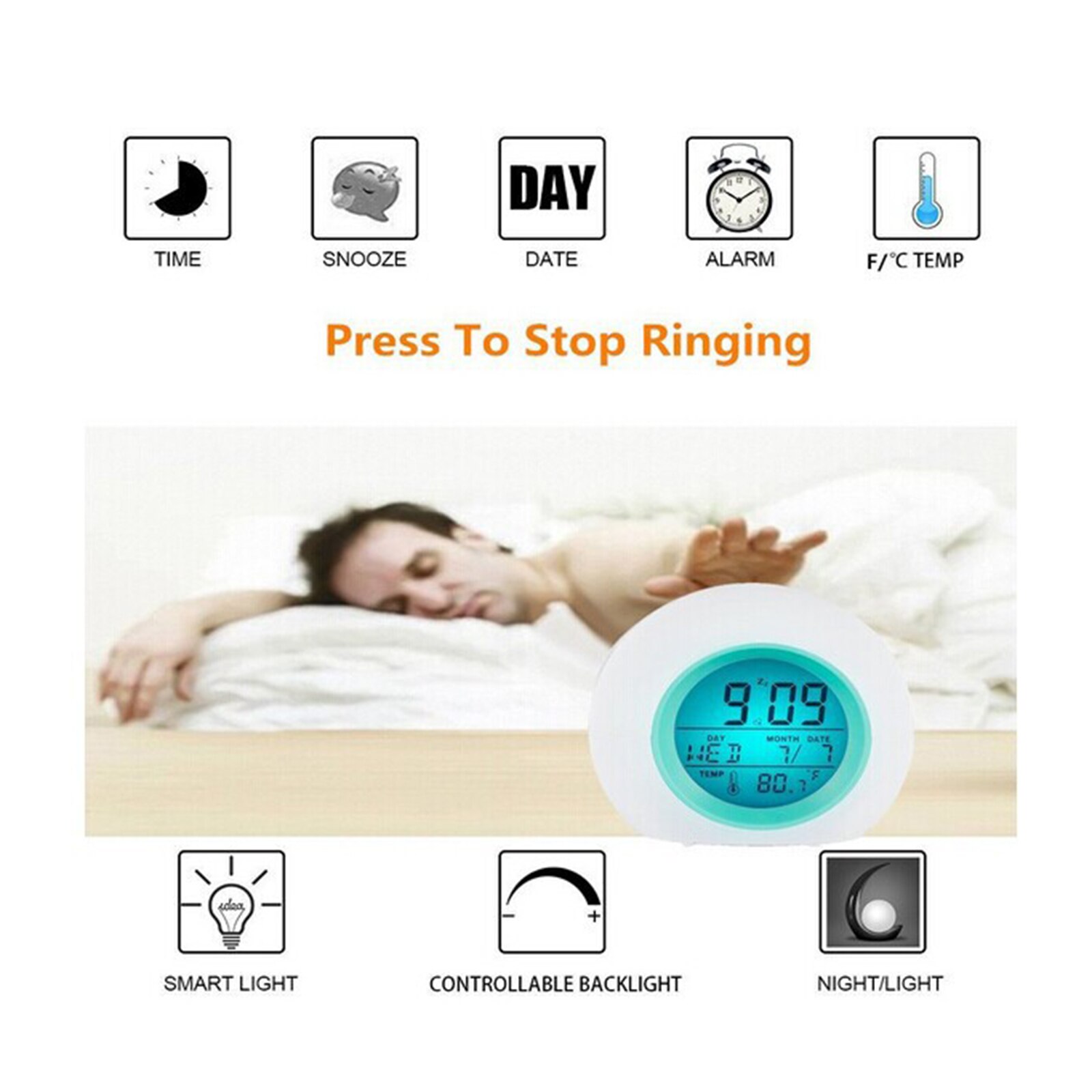 Round Colorful Alarm Clock Digital Clocks Multi-color Temperature Display With Night Light Screen Backlight Manual