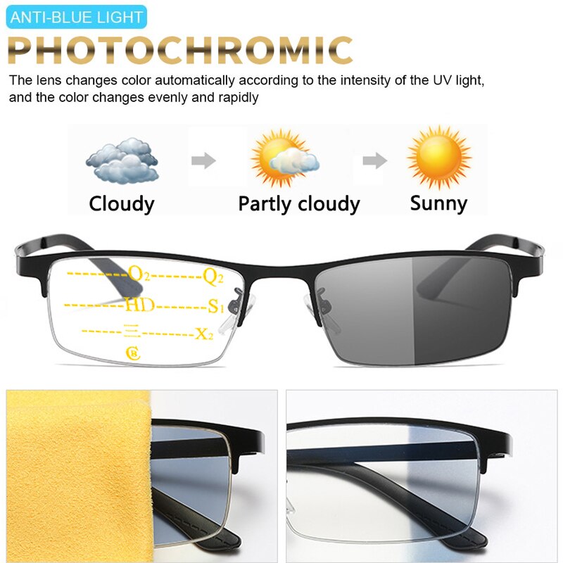 Smart Progressive photochromic Reading Glasses Anti-Blue Ray Men Multifocal Hyperopia Eyeglasses Half-Frame +1.0 To +4.0