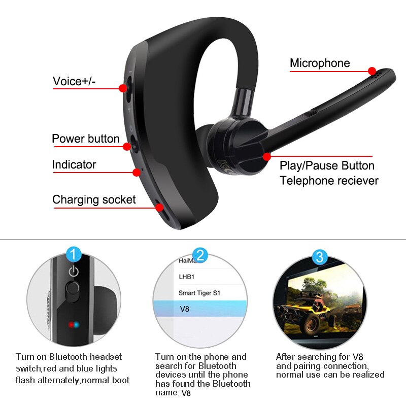V8/V9 Wireless Bluetooth Headset Bluetooth Earphone Business Headphones with Mic Handsfree for Driving Car for Cell Phone