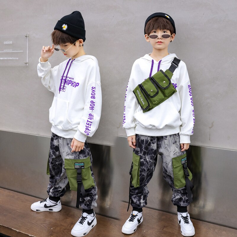 Chico ropa Hip Hop sudadera blanca con capucha Top sudadera camuflaje pantalones de camuflaje tácticos para niña niño trajes de baile de Jazz ropa de calle