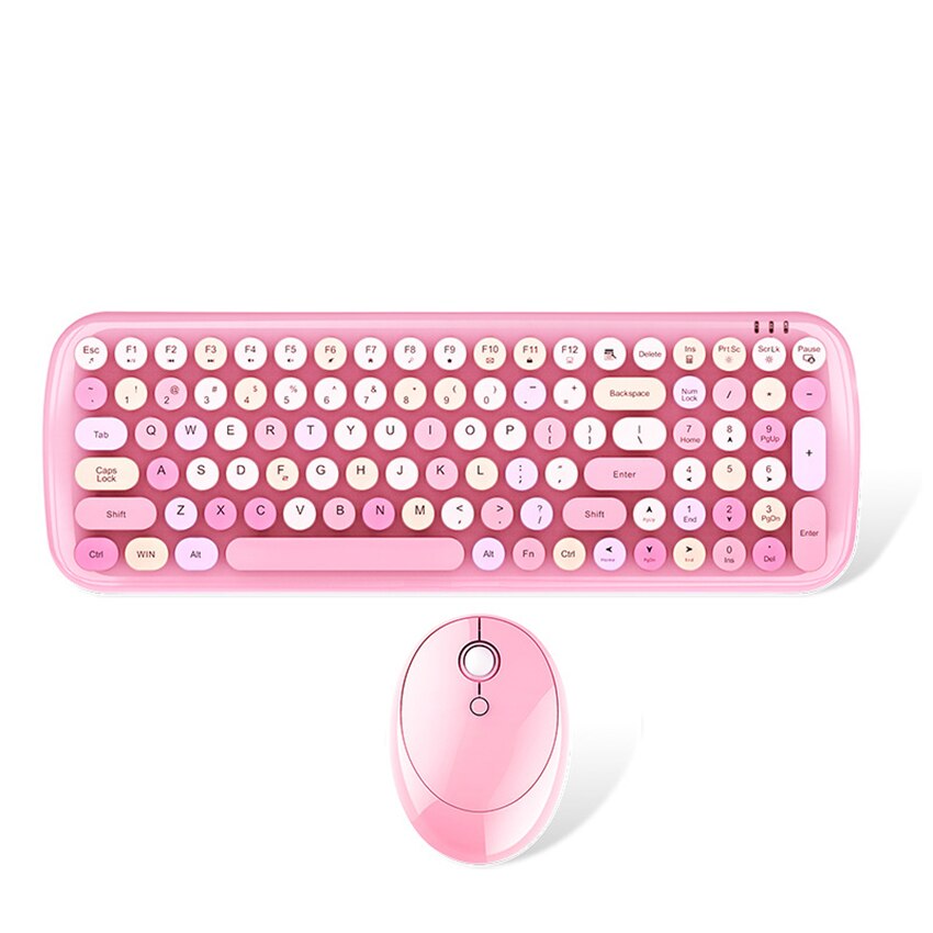 Wireless Keyboard and Mouse Combo Round Mix Keycaps office PC Keyboards and Mouse Set for Girl Computer Laptop Game: pink