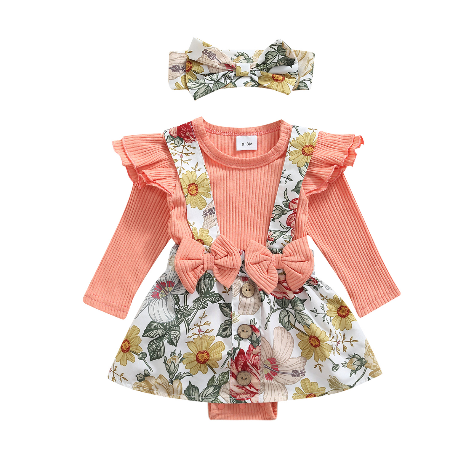 Autumn Toddler Baby Girl Flower Bodysuits Korean Style Princess Long Sleeve Jumpsuit Newborn Clothes with Bowknot Hairband: 6M