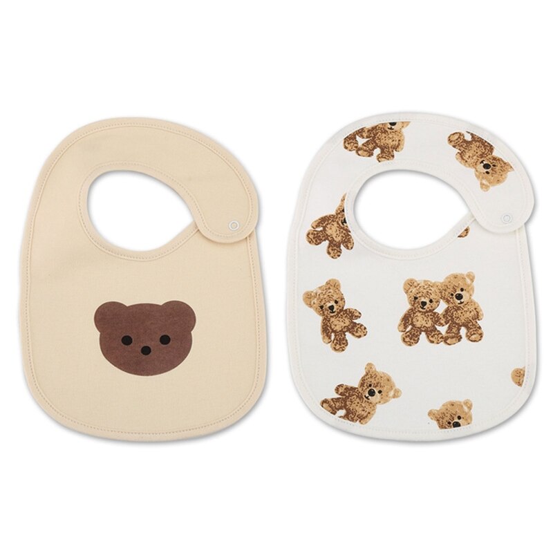 2 Pcs Babyvoeding Kwijl Bib Cartoon Gedrukt Speeksel Handdoek Sjaal Bandana Waterdichte Zachte Katoen Drukknoop Burp Doek Bandana: Apricot Bear