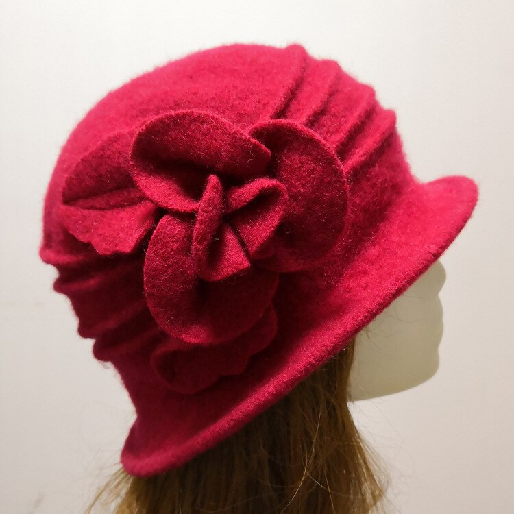 Kvinders fedora hat dame uld blomsterhat vinter vintage cloche bøttekasket kvinde fest hovedbeklædning chapeau femme: Rød