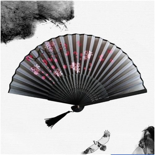Abanico plegable de mano de seda con estampado de estilo japonés chino tradicional, borla de mango de madera, de boda , decoración del hogar: Marrón