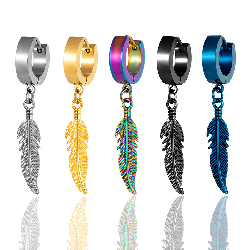 1 pieza Simple pluma colgante pendientes hombre mujer pendientes de acero inoxidable Unisex personalidad oreja joyería accesorio