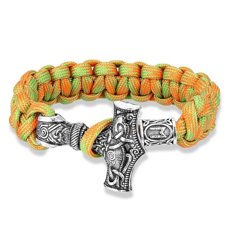 Mkendn pulseira de cordas viking, pulseira de sobrevivência de cordão de metal artesanal, thor mjolnir, cordão de paracord: V084