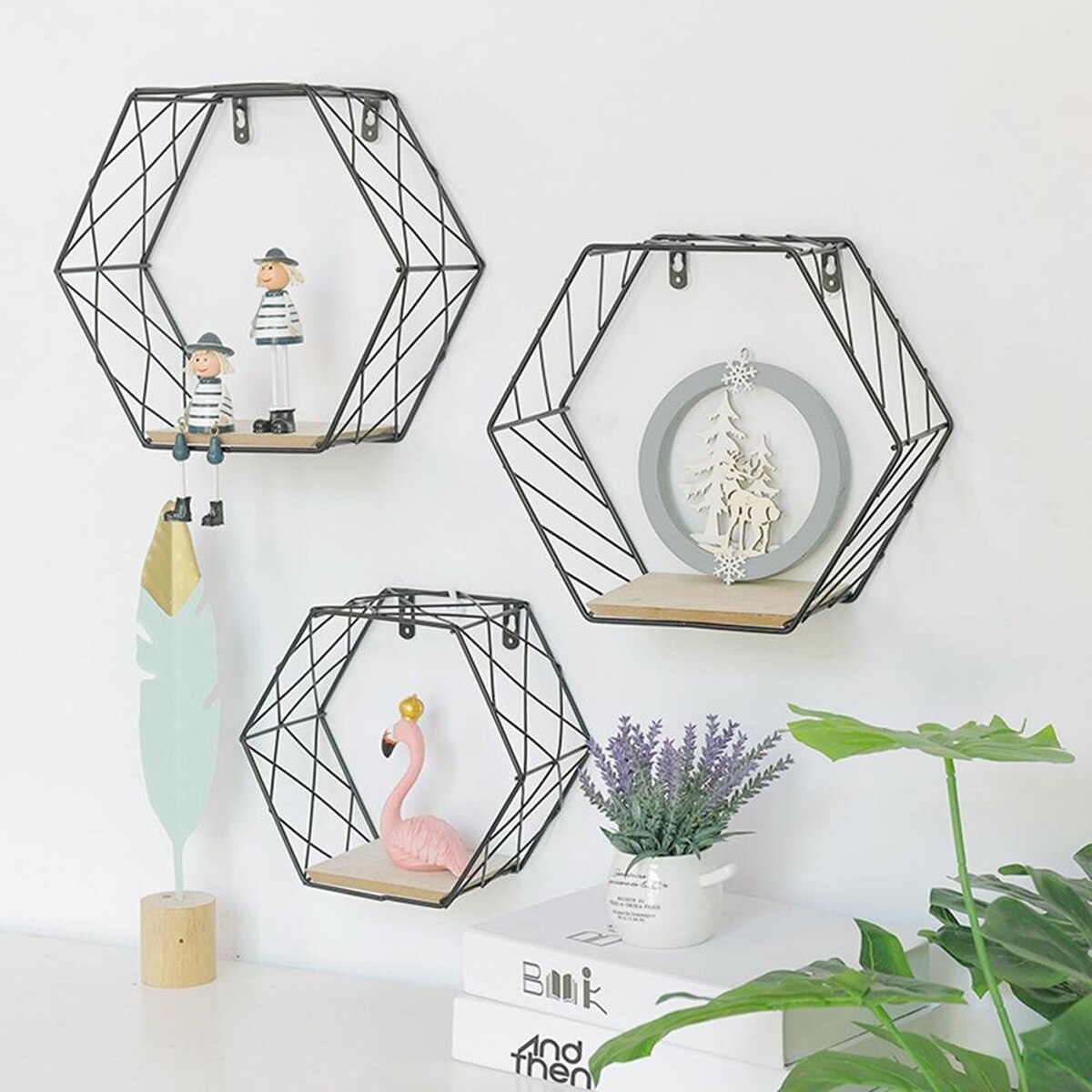 Nordic Iron Hexagonal Grid Wall Floating Shelf Combination Wall Hanging Geometric Figure Wall Decoration For Living Room Bedroom