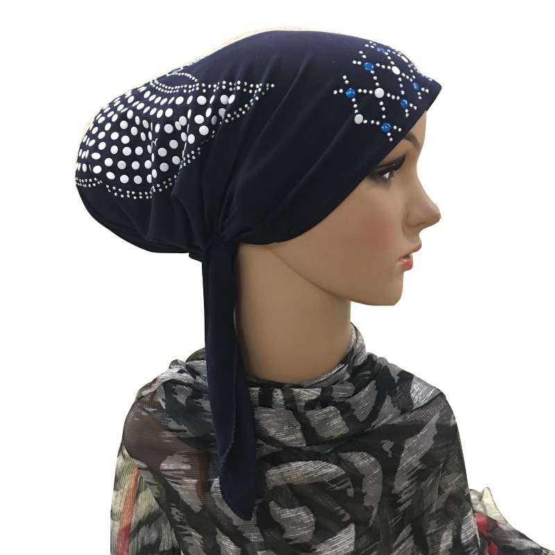 (Paillettes motifs envoyer aléatoire) cristal ITY élastique chapeau musulman hijab turban islamique (Plus de couleurs stock maintenant): 9navy