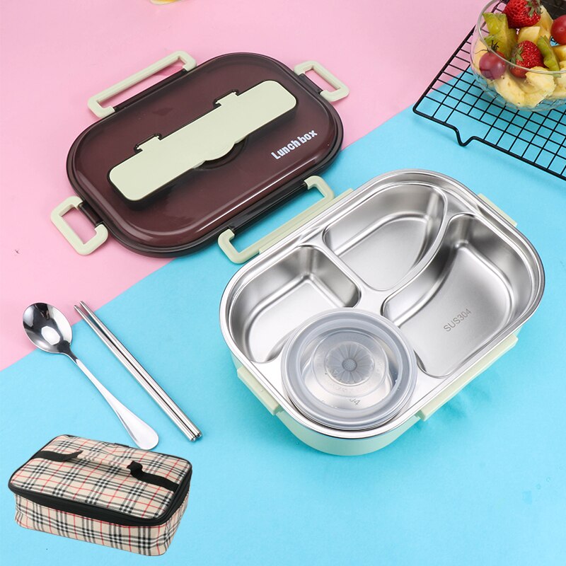 1300ml Stainless Steel 304 Lunch Box With Soup Bowl Leak-Proof Bento Box Dinnerware Set Microwave Adult Student Food Container: Green with Bag