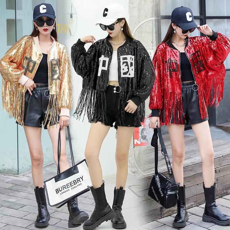 Veste à paillettes pour femmes, Streetwear, Hip Hop, couleur unie, automne, pompon, Patchwork, manteau, col rond, vêtements d&#39;extérieur amples bling-bling