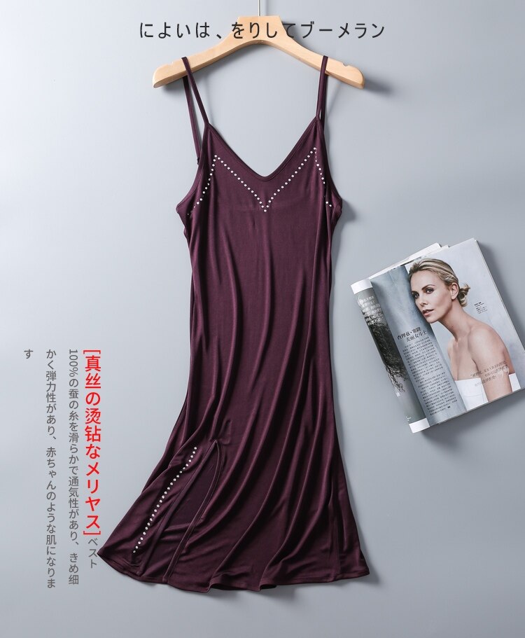 Kvinners s 50%  silke 50%  viskose full slip nattkjole nattøy chemise justerbare stropper  sg332: Lilla / M