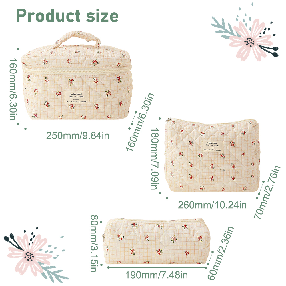 3pcs/set Ladies Quilted Cotton Storage Bag Aesthetic Printed Makeup Bag Women's Large Capacity Toiletry Organizer Cosmetic Pouch: Clear