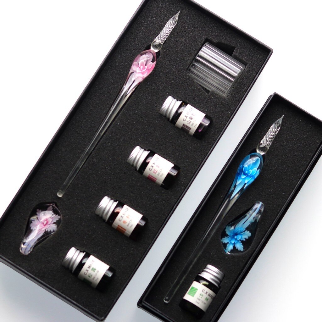 Jugal håndlavet lampwork glas pen blomst mønster gennemsigtig fyldepen guld pastel blæk signatur pen