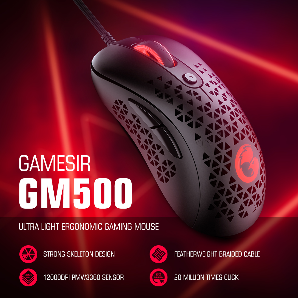 GameSir GM500 Kabelgebundene Gaming-Maus, superleichte PC-Maus mit optischem PMW33600-Sensor 12000 DPI