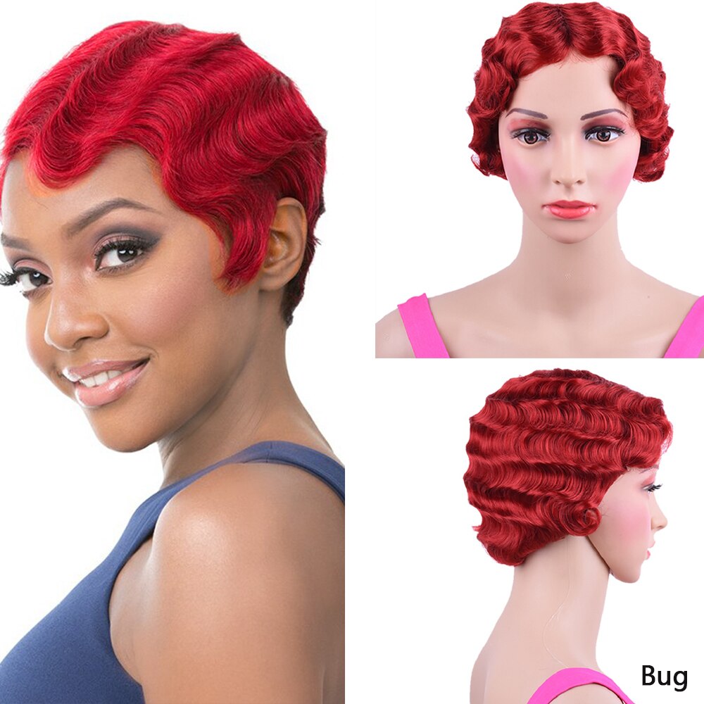 Korte Rode Vinger Wave Pruik Bruin Blonde Krullend Synthetische Pruiken Voor Zwarte Vrouwen Hittebestendige Afro-amerikaanse Pixie Cut Mama pruik: Bug
