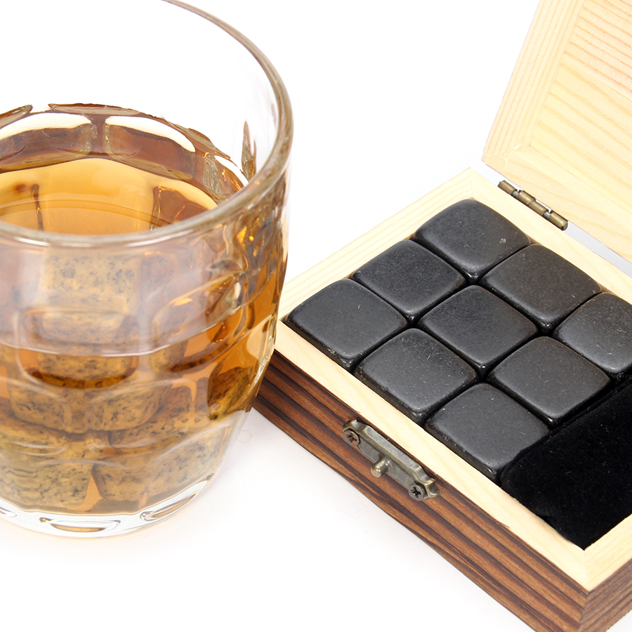 Whisky stenar set  - 9 granit whisky stenar / trälåda / sammet väska / återanvändbara kyla isbitar