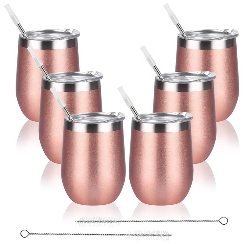 6 Pack Stainless Steel Wine Tumbler Wine Glass, 12Oz Double Wall Vacuum Insulated Wine Tumbler With Lid Straw: Clear