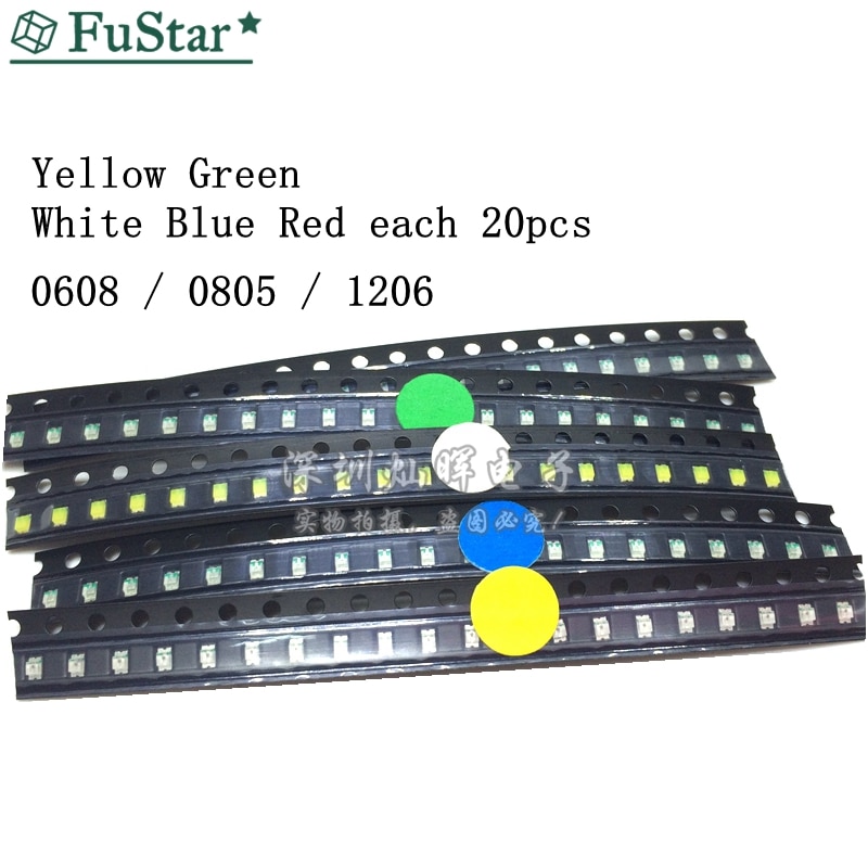 100 stk = 5 farver  x 20 stk 1206 0805 0603 led diode sortiment smd led diodesæt grøn / rød / hvid / blå / gul led chip